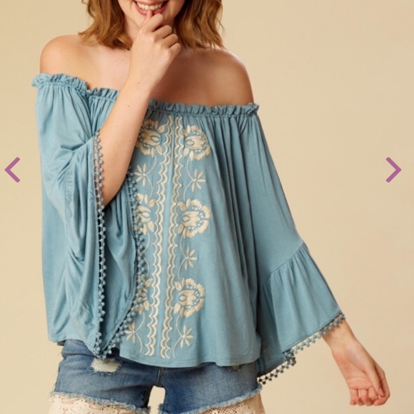 Altar’d State Blue Bardot Off Shoulder Cream Embroidered Bell Sleeve Blouse - Picture 10 of 15